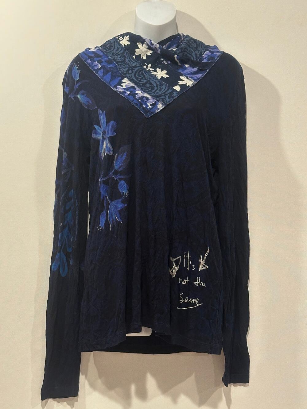 Desigual Navy Blue Indigo Floral Cowl Neck Graphic Long Sleeve Top XL
